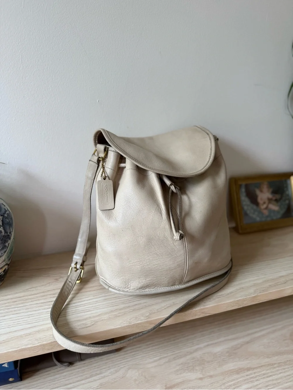 RARE Vintage 80s Coach NYC Cream Leather Bucket Bag with Drawstring and flap top